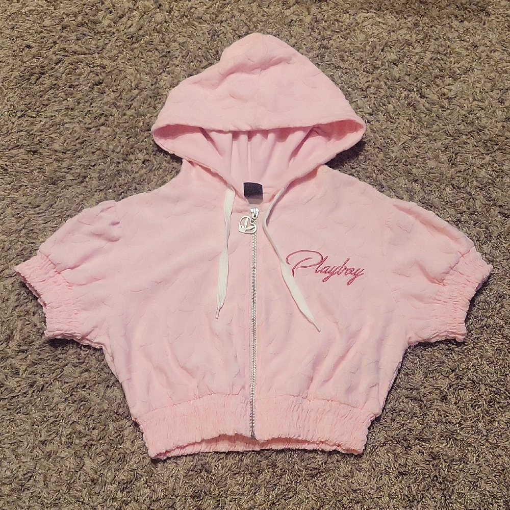 Playboy Pink Cropped Hoodie Puff Short Sleeves Bunny Zipper Logo Small New
